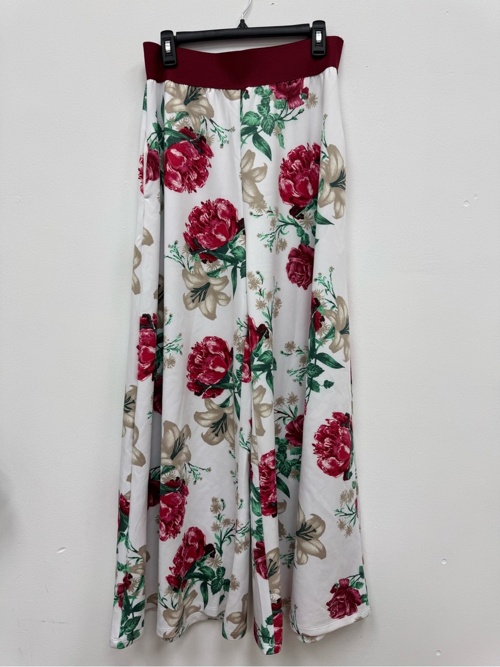Floral White with Burgundy Waistband wide leg trousers carissa